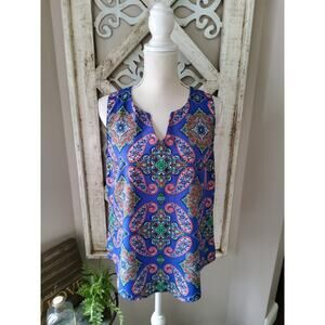 Verse Blue Paisley Mandala Sleeveless Blouse Split V-Neck Boho Tank Top Medium